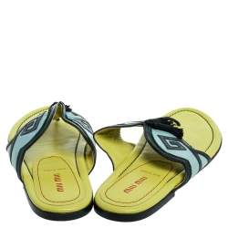 Pre Owned Miu Miu Green/Yellow Leather Tassel Slide Flats Size 39.5