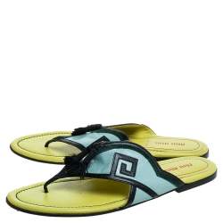 Pre Owned Miu Miu Green/Yellow Leather Tassel Slide Flats Size 39.5