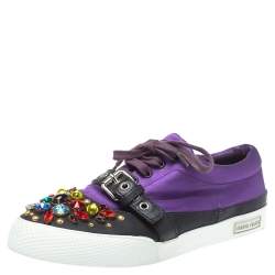 Pre Owned Miu Miu Purple Satin Crystal And Stud Cap Toe Embellished Buckle Detail Sneakers Size 40