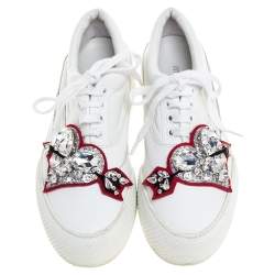 مملوكة مسبقًا Miu Miu White Leather Heart Embellished Platform Sneakers Size 36