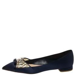 Pre Owned Miu Miu Navy Blue Satin Jeweled Pointed Toe Ballet Flats Size 39