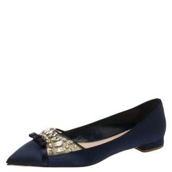 Pre Owned Miu Miu Navy Blue Satin Jeweled Pointed Toe Ballet Flats Size 39