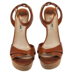 Pre Owned Miu Miu Brown Leather Espadrilles Wedge Platform Crisscross Ankle Strap Sandals Size 38