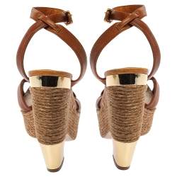 Pre Owned Miu Miu Brown Leather Espadrilles Wedge Platform Crisscross Ankle Strap Sandals Size 38