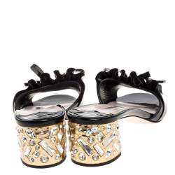 مملوكة مسبقًا Miu Miu Black Patent Leather Ruffled Bow Embellished Slide Sandals Size 39