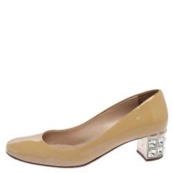 Pre Owned Miu Miu Beige Patent Leather Crystal Embellished Block Heel Pumps Size 37.5