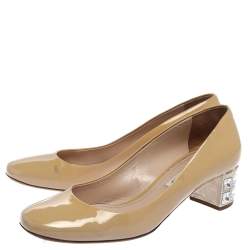 Pre Owned Miu Miu Beige Patent Leather Crystal Embellished Block Heel Pumps Size 37.5