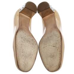Pre Owned Miu Miu Beige Patent Leather Crystal Embellished Block Heel Pumps Size 37.5