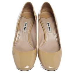Pre Owned Miu Miu Beige Patent Leather Crystal Embellished Block Heel Pumps Size 37.5