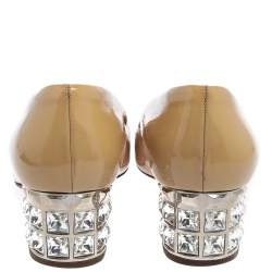 Pre Owned Miu Miu Beige Patent Leather Crystal Embellished Block Heel Pumps Size 37.5
