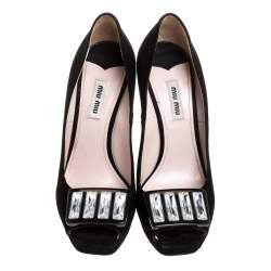 Pre Owned Miu Miu Black Suede Crystal Embellished Peep Toe Platform Pumps Size 38.5