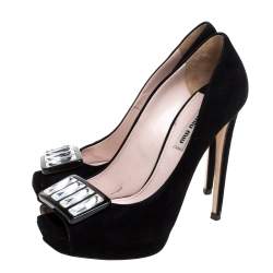 Pre Owned Miu Miu Black Suede Crystal Embellished Peep Toe Platform Pumps Size 38.5