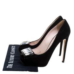 Pre Owned Miu Miu Black Suede Crystal Embellished Peep Toe Platform Pumps Size 38.5
