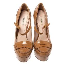 Pre Owned Miu Miu Brown Patent Leather Penny Loafer Platform Pumps Size 37.5