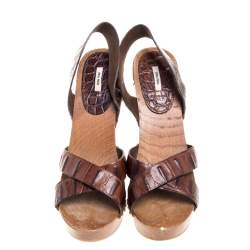 Miu Miu Brown Croc Embossed Leather Clog Platform Sandals Size 41
