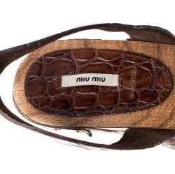 Miu Miu Brown Croc Embossed Leather Clog Platform Sandals Size 41
