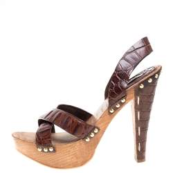 Miu Miu Brown Croc Embossed Leather Clog Platform Sandals Size 41