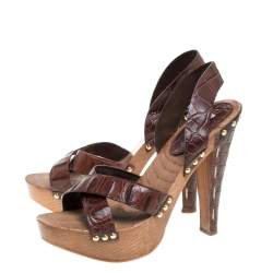 Miu Miu Brown Croc Embossed Leather Clog Platform Sandals Size 41