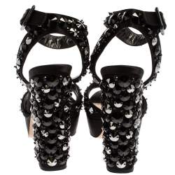 Pre Owned Miu Miu Black Satin Embellished Platform Ankle Strap Sandals Size 36.5