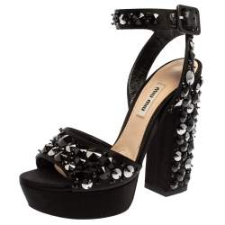 Pre Owned Miu Miu Black Satin Embellished Platform Ankle Strap Sandals Size 36.5