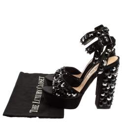 Pre Owned Miu Miu Black Satin Embellished Platform Ankle Strap Sandals Size 36.5