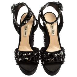 Pre Owned Miu Miu Black Satin Embellished Platform Ankle Strap Sandals Size 36.5