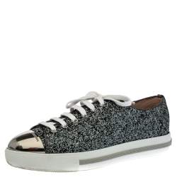 Pre Owned Miu Miu Metallic Grey Coarse Glitter Metal Cap Toe Low Top Sneakers Size 38