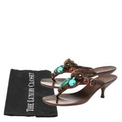 Miu Miu Brown Leather  Beaded Thong Sandals Size 37