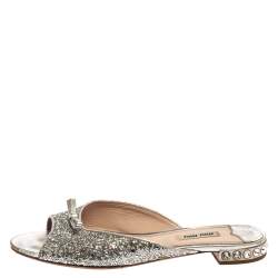 Pre Owned Miu Miu Metallic Silver Glitter Bow Detail Crystal Embellished Flat Slides Size 39