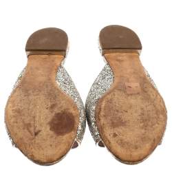 Pre Owned Miu Miu Metallic Silver Glitter Bow Detail Crystal Embellished Flat Slides Size 39