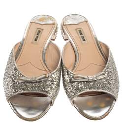 Pre Owned Miu Miu Metallic Silver Glitter Bow Detail Crystal Embellished Flat Slides Size 39