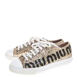 Pre Owned Miu Miu Metallic Gold Glitter Low Top Sneakers Size 36