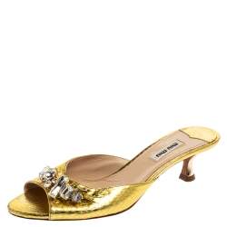 Miu Miu Gold Python Embossed Leather Crystal Embellished Open Toe Sandals Size 38.5