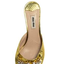 Miu Miu Gold Python Embossed Leather Crystal Embellished Open Toe Sandals Size 38.5