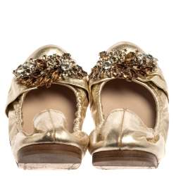 Pre Owned Miu Miu Metallic Gold Leather Crystal Embellished Scrunch Flats Size 38.5