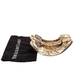 Pre Owned Miu Miu Metallic Gold Leather Crystal Embellished Scrunch Flats Size 38.5