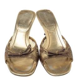 Pre Owned  Miu Miu Gold Brocade Embossed  Leather Cut Out Bow Sandals Size 37