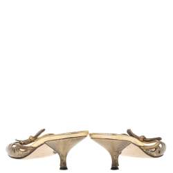 Pre Owned  Miu Miu Gold Brocade Embossed  Leather Cut Out Bow Sandals Size 37
