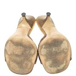 Pre Owned  Miu Miu Gold Brocade Embossed  Leather Cut Out Bow Sandals Size 37