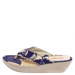 Miu Miu Blue/White Printed Canvas Thong Wedge Sandals Size 37