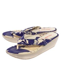 Miu Miu Blue/White Printed Canvas Thong Wedge Sandals Size 37