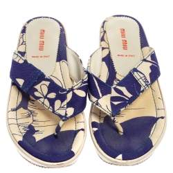 Miu Miu Blue/White Printed Canvas Thong Wedge Sandals Size 37