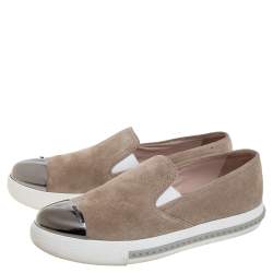 Miu Miu Beige Suede Metal Cap Toe Platform Slip On Sneakers Size 36.5