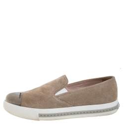 Miu Miu Beige Suede Metal Cap Toe Platform Slip On Sneakers Size 36.5