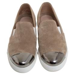 Miu Miu Beige Suede Metal Cap Toe Platform Slip On Sneakers Size 36.5