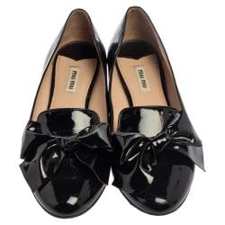 Pre Owned Miu Miu Black Patent Leather Crystal Embellished Heel Bow Slip On Loafers Size 40