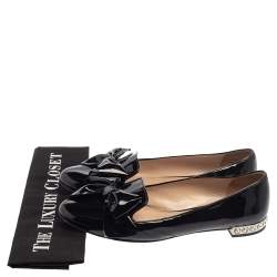Pre Owned Miu Miu Black Patent Leather Crystal Embellished Heel Bow Slip On Loafers Size 40