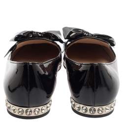 Pre Owned Miu Miu Black Patent Leather Crystal Embellished Heel Bow Slip On Loafers Size 40