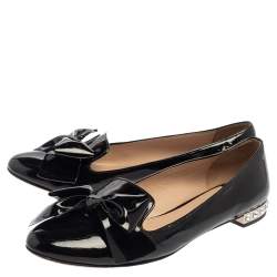 Pre Owned Miu Miu Black Patent Leather Crystal Embellished Heel Bow Slip On Loafers Size 40