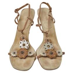 Pre Owned Miu Miu Leather And Suede T Strap Slingback Sandals Size39.5